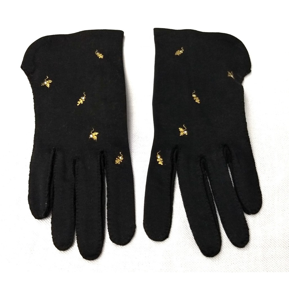 Madeleine Debs Wristlet Gloves Black Gold Embroidered Leaf Rhinestone Size 7 Vtg